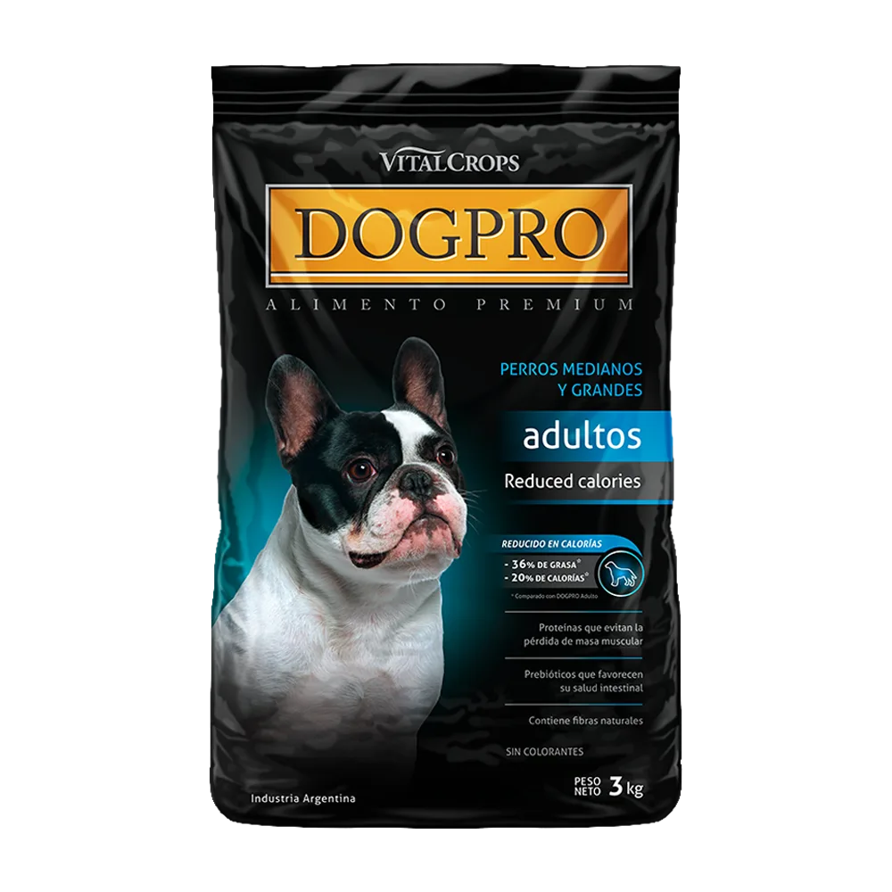 Bolsa negra de 3 kg con detalles calipso y dorados de DogPro Reduced Calories para perros adultos con sobrepeso