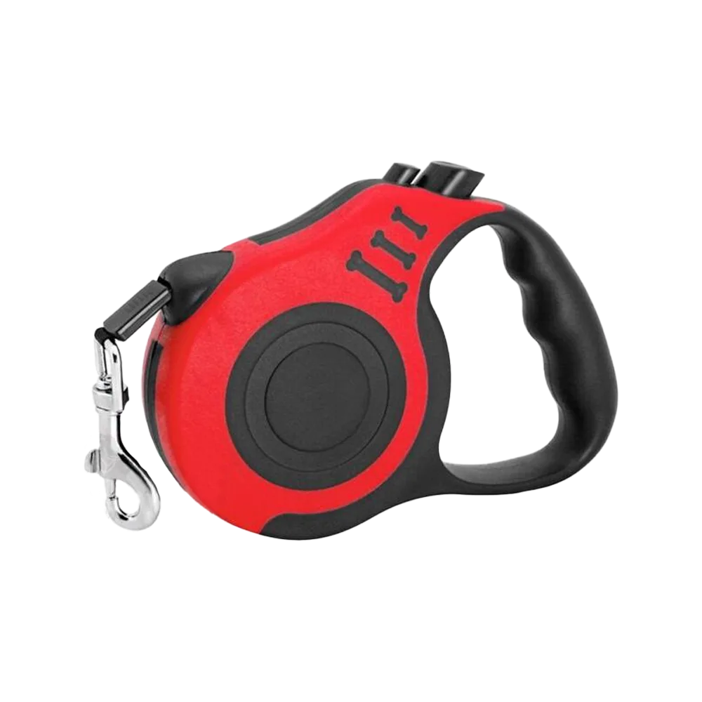 Correa Retractil para perros, es de color rojo y tiene una manija color negro.