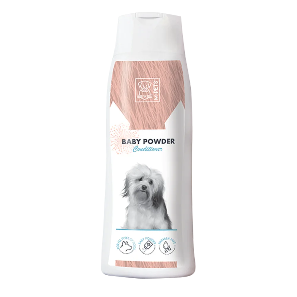 Frasco blanco con detalles rosado pastel del Acondicionador para perros M-Pets con aroma a talco de bebé
