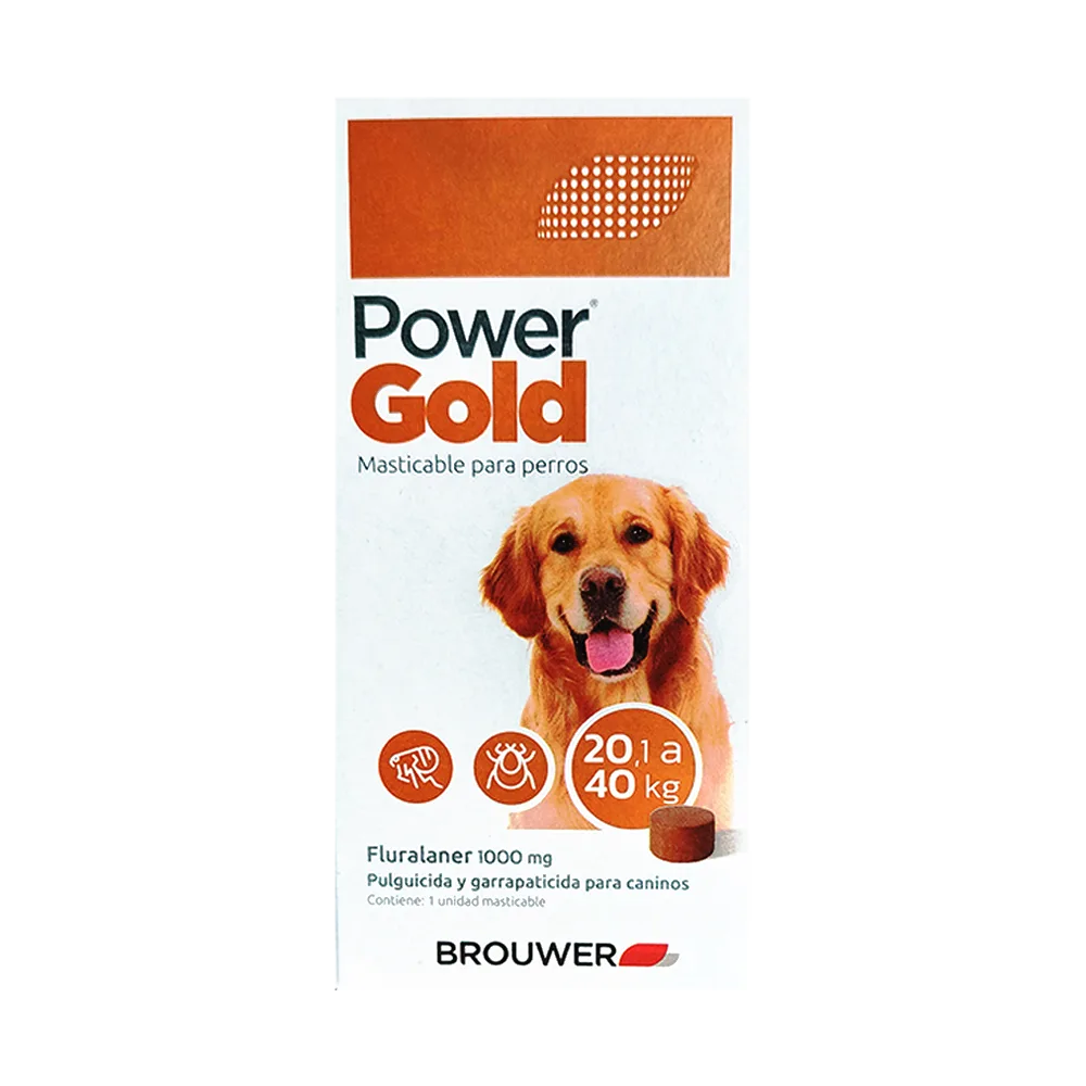 Caja color blanco con detalles marrones y un perro golden retriever en la portada, es el antiparasitario Power Gold para perros de 20 a 40 kg