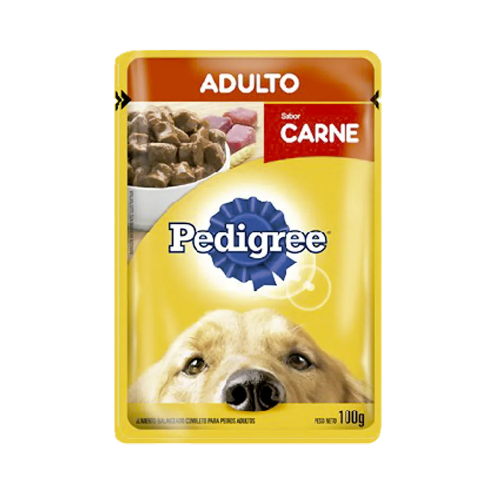 Imagen de sobre de alimento húmedo con sabor a carne Pedigree para perros adultos en su presentación de 100gramos. Es de color amarillo con la imagen de un labrador.