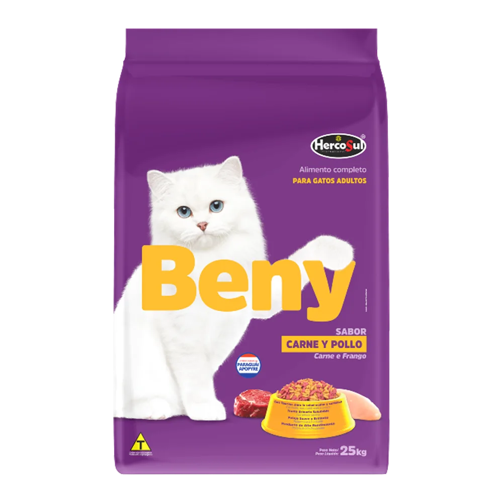 Bolsa morada con un gato blanco en la portada, es el alimento Beny para Gatos Adultos
