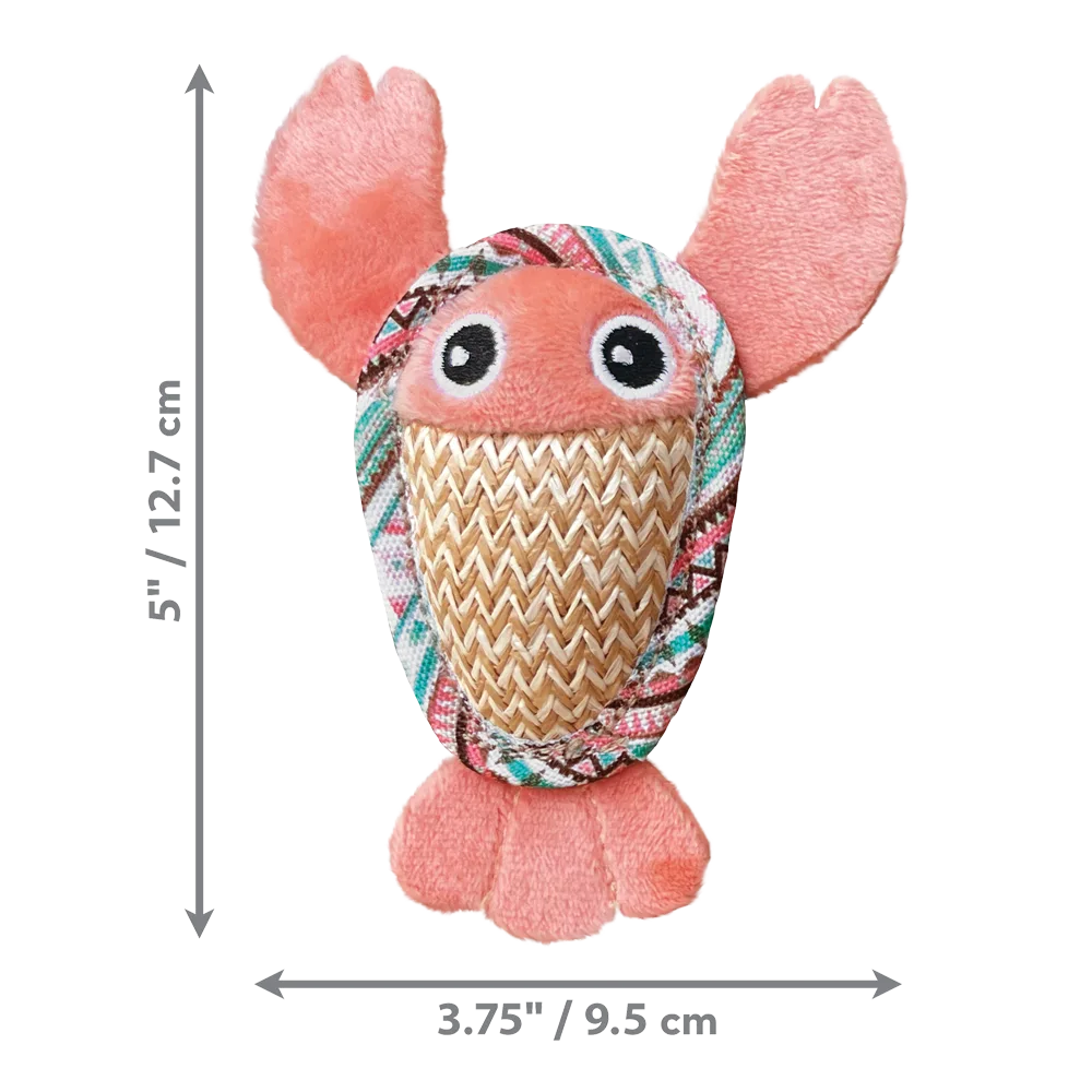 Cangrejo Kong Tropic Pals, tiene extremidades de felpa color rosa y un caparazón de textura rugosa, en esta imágen se muestra su tamaño: 12,7 cm de alto por 9,5 cm de ancho.