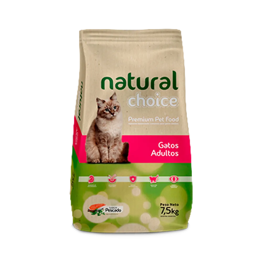 Bolsa de alimento para gatos adultos Natural Choice en su presentación de 7,5kg. Es de color marrón claro con detalles verdes y rosados. Tiene la imagen de un gato gris abajo del logo de la marca.