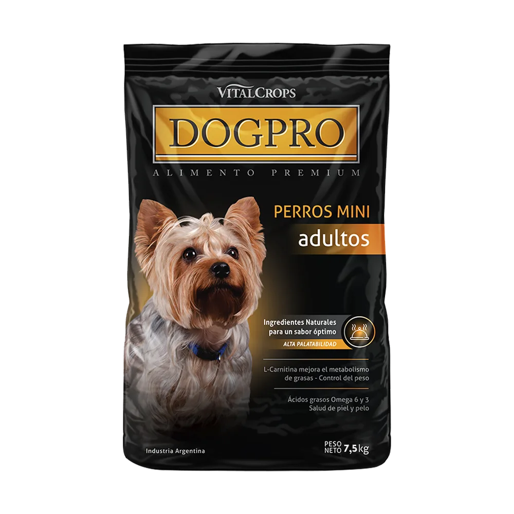 Bolsa negra de 7,5 kg con detalles naranjas de DogPro Adulto Mini, un alimento seco para perros adultos de tallas mini y acompañada de un frisbee de regalo