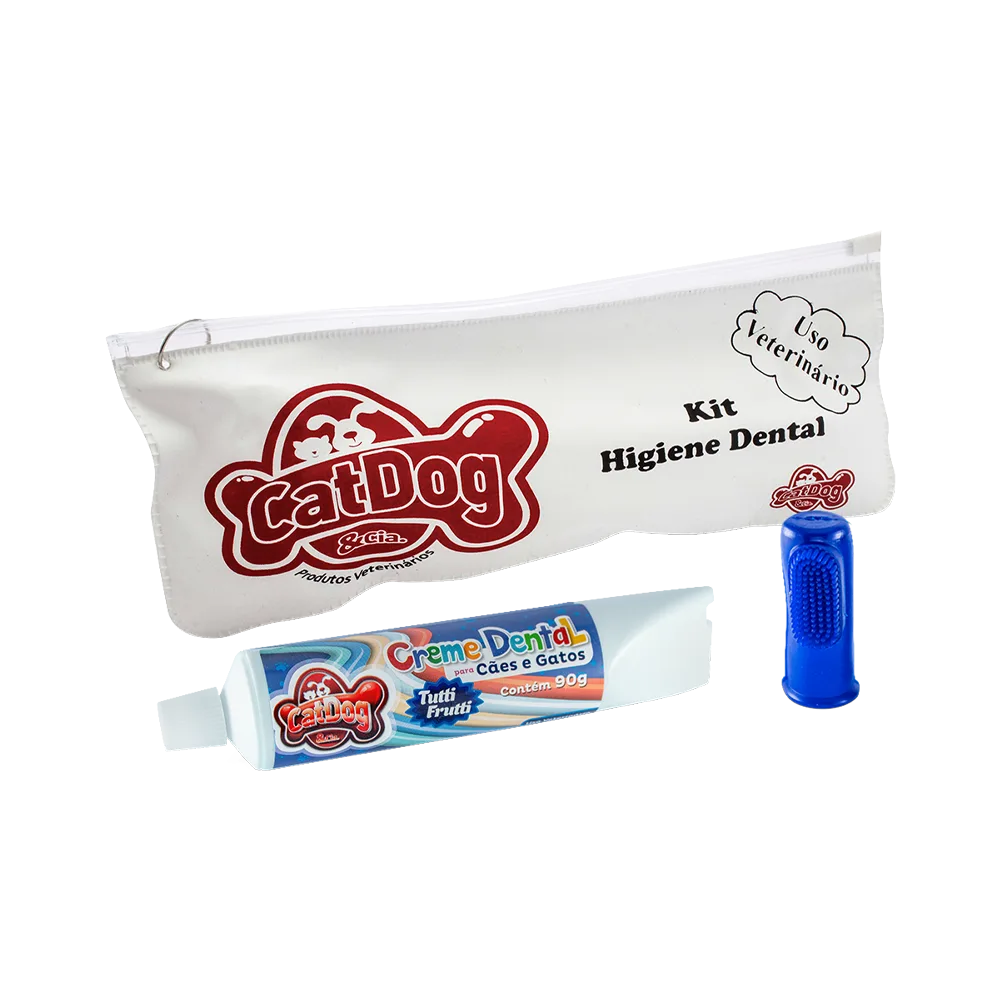 Pack Pasta Dental y Cepillo de Dedo de marca CatDog, es un estuche blanco que con letras negras "Kit Higiene Dental, Usu veterinario" atrás de un tubo de pasta dental blanco con etiqueta azul ya que es sabor tutti fruti y al frente tiene un cepillo de dientes de dedo de goma color azul 