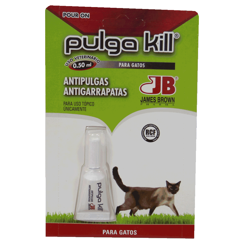 Empaque con detalles verdes y rojos de Pulga Kill Pour On Gatos antiparasitario externo en pipeta