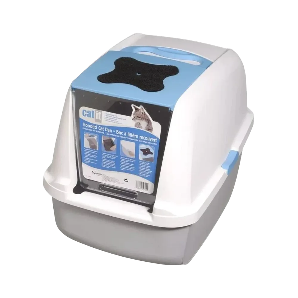 Imagen de Arenero Cubierto Catit para gatos, es un arenero blanco con detalles azules y una puerta vaiven para la entrada del gato transparente ahumado