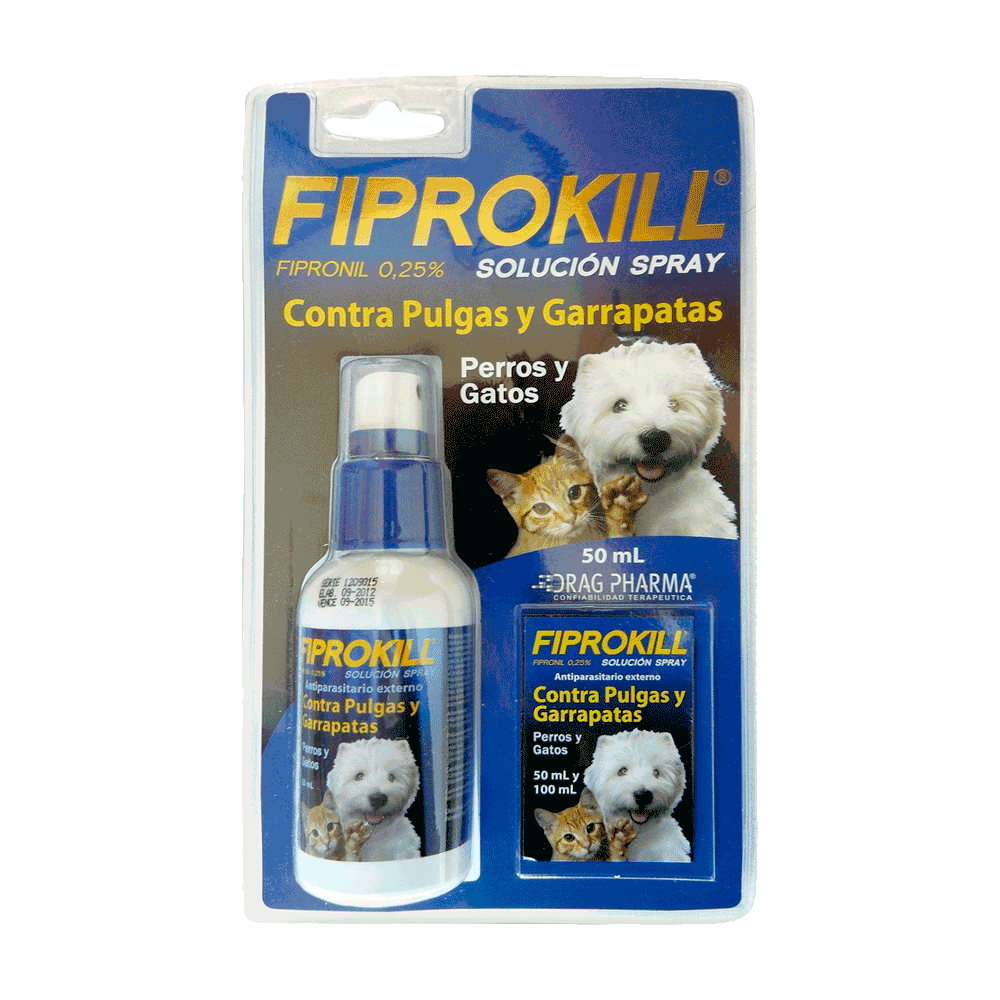 Envase de 50 cc color blanco con etiqueta azul con pico tipo aspersor plastificado en una cartón con detalles del producto 