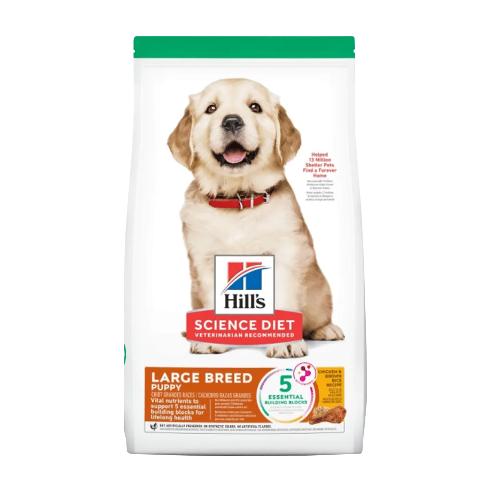 Bolsa blanca con una franja verde en la parte superior, es el alimento Hill's Science Diet Puppy Large Breed para cachorros de talla grande, tiene un cachorro labrador rubio en la portada