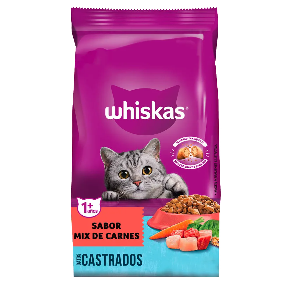 Bolsa de alimento para gatos Whiskas Adulto sabor carne. Bolsa de color violeta con detalles rojos y con un gato en el madio