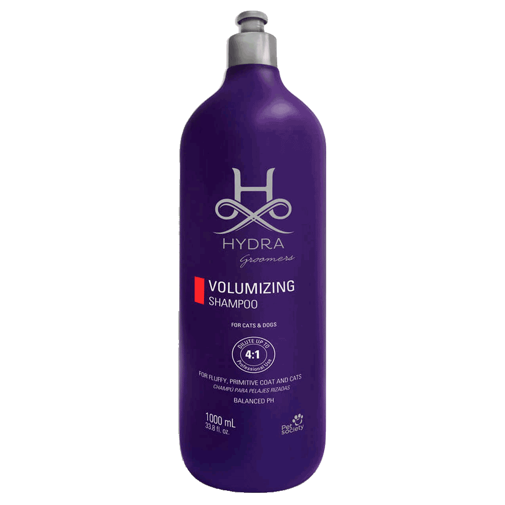 Botella violeta de shampoo para mascotas de pelaje voluminoso de Hydra Groomers Volumizing Shampoo