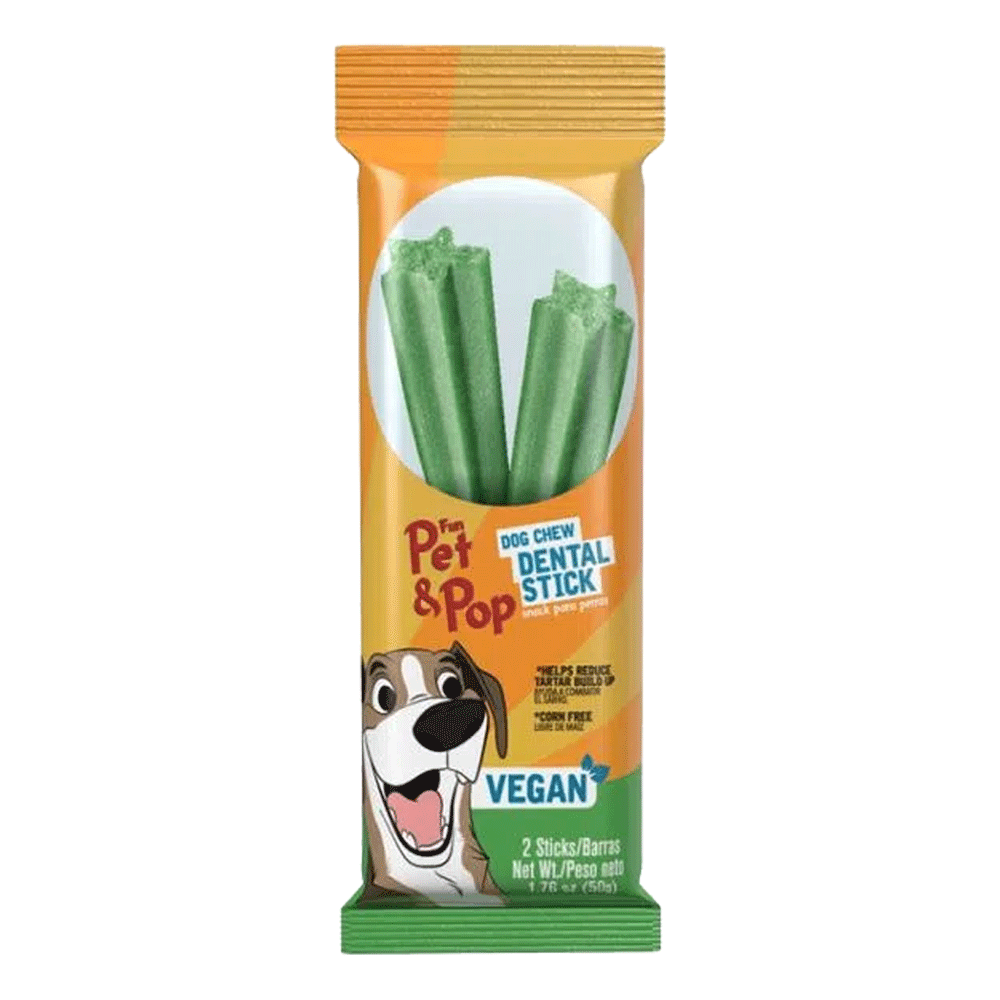 Empaque amarillo con verde de Fun Pet & Pop Dental Stick Vegan barra masticable para el cuidado dental de perros