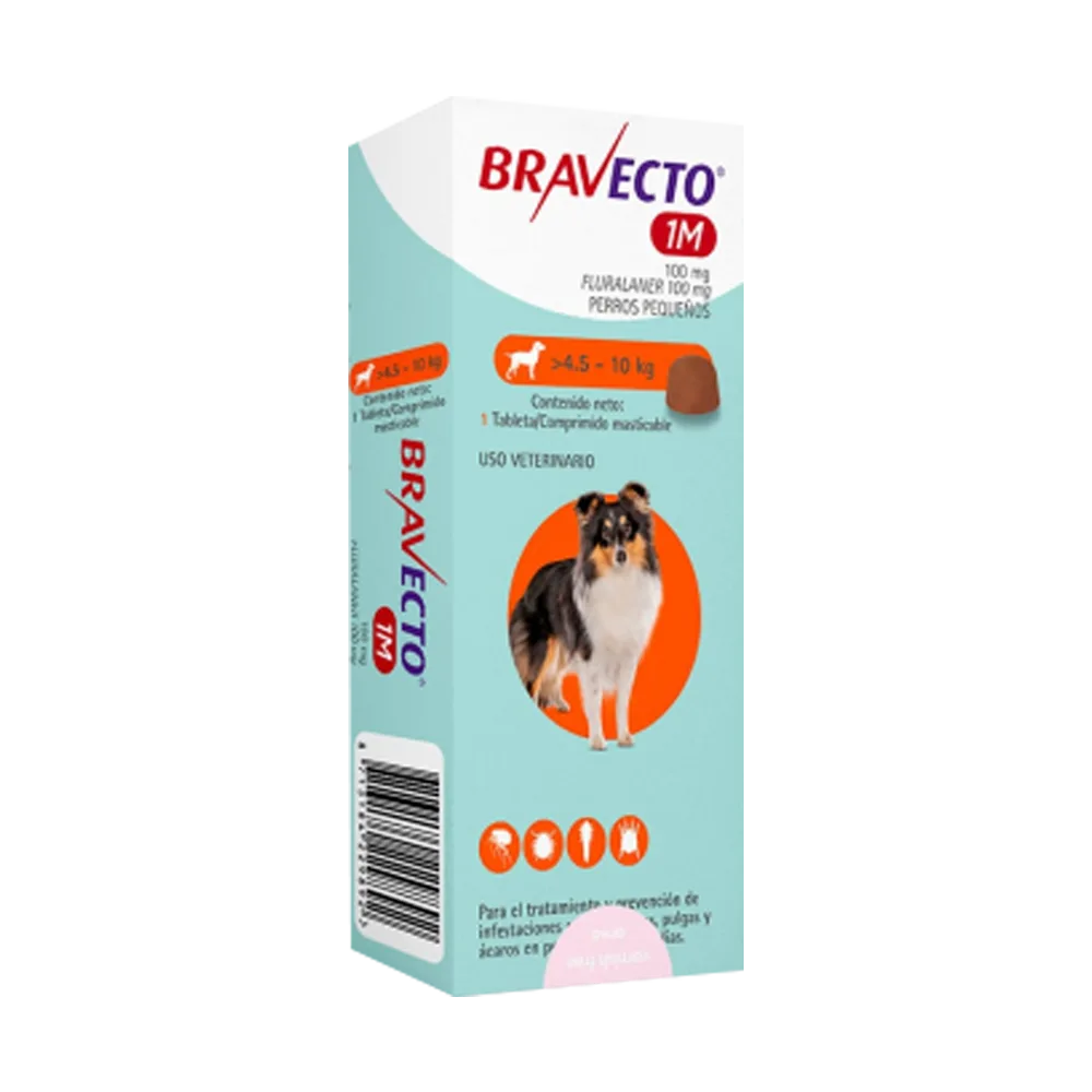 Caja rectangular color verde agua con detalles naranjas y un perro border collie en la portada, es el antiparasitario Bravecto Perros 4,5 a 10 kg 1 mes