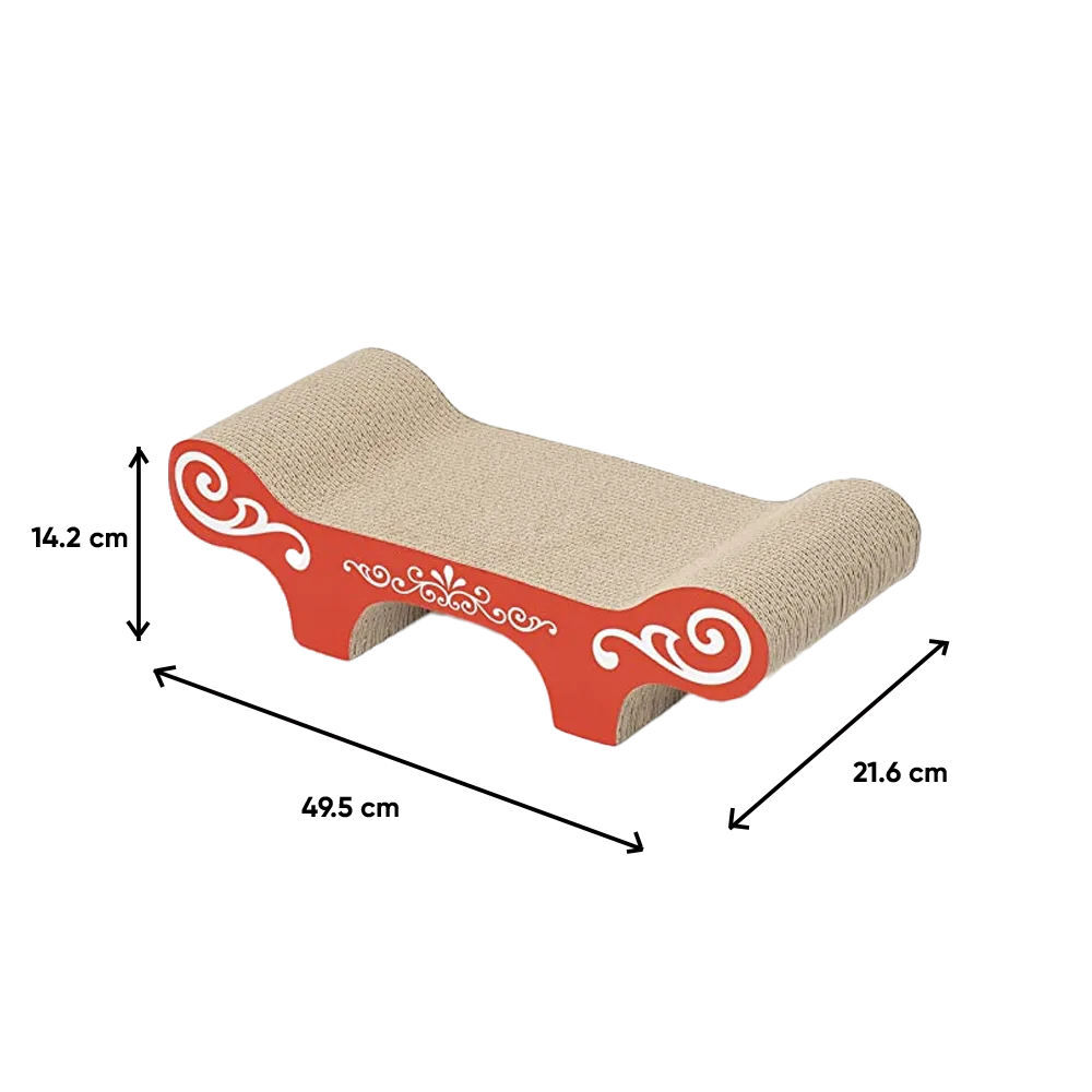 Imagen de rascador tipo banquito, está hecho de cartón corrugado y en la parte frontal tiene un patrón blanco sobre un fondo rojo y tiene las dimensiones apuntadas con flechas. Es el Rascador Para Gatos Rojo de la línea Catit