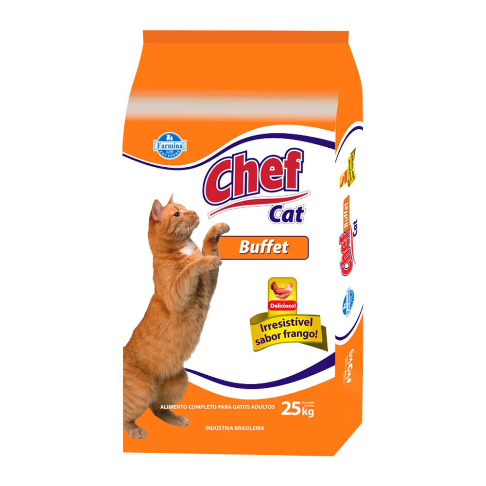 Bolsa naranja con detalles blancos y un gato anaranjado en la portada, es una bolsa de alimento para gatos Chef Cat Buffett en su presentación de 25 kg 