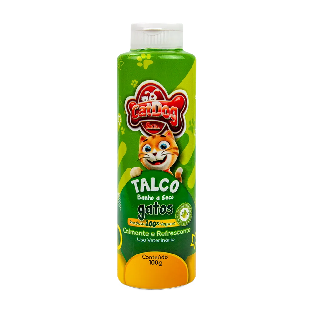 Frasco talquero color verde con detalles amarillos del producto Baño Seco Talco para Gatos de la marca CatDog. 