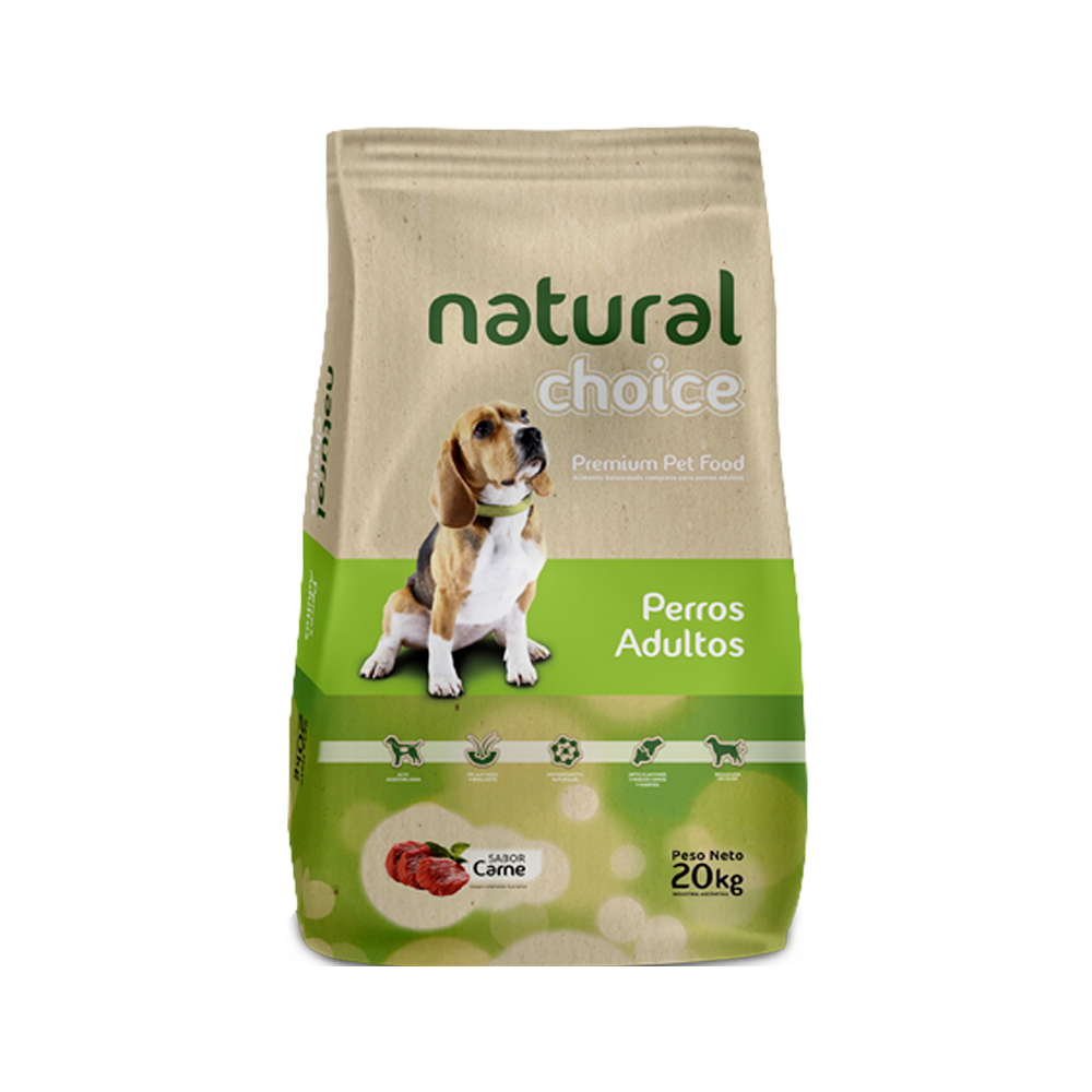 Bolsa de alimento balanceado para perros adultos de raza mediana y grande Natural Choice Adulto Razas Medianas y Grandes en su presentación de 20 kilos. La bolsa es de color marron claro con detalles verdes y tiene una fotografía de un perro beagle.