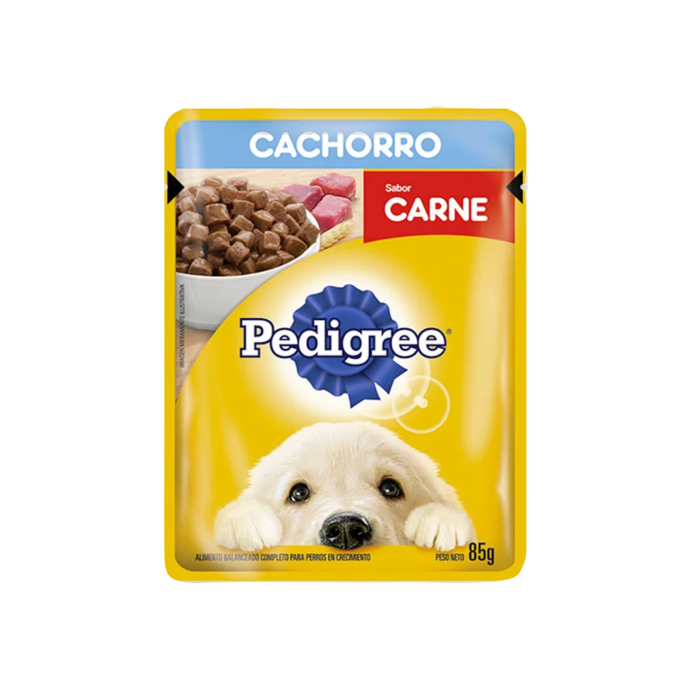 Sobre de alimento húmedo Pedigree Cachorro con sabor a Carne en su presentación de 85gramos. La bolsa es de color amarillo con detalles celestes y rojos y tiene la imagen de un labrador cachorro.