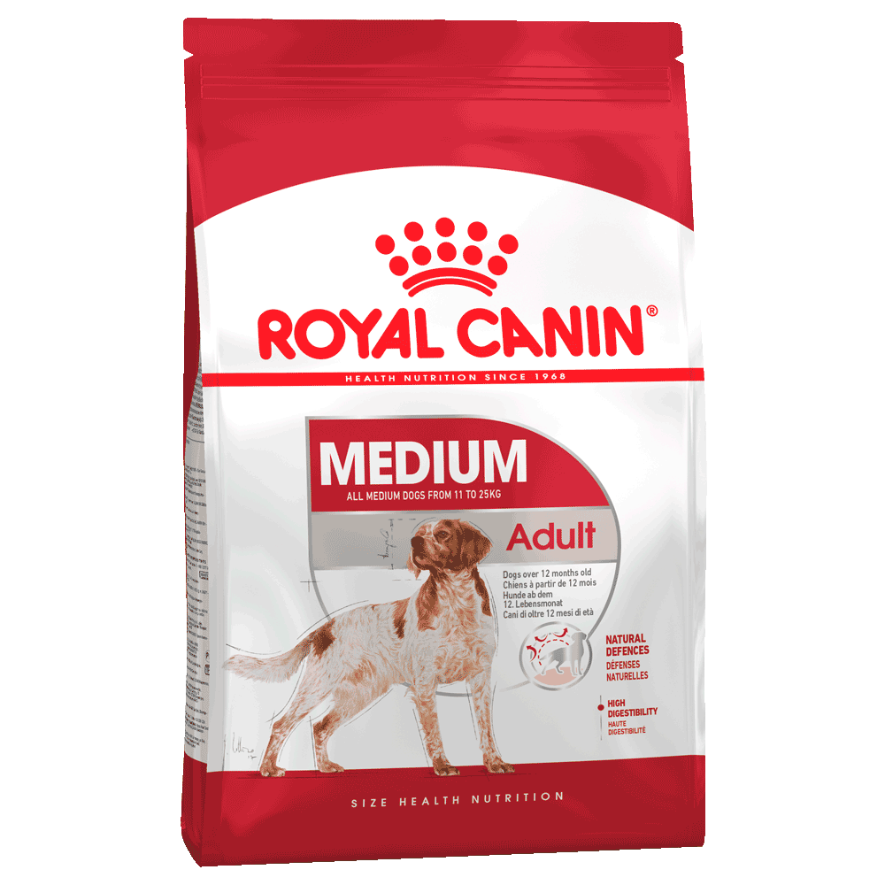 Bolsa blanca con roja de alimento para perro Royal Canin Medium Adult