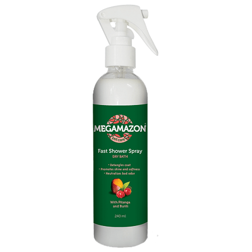 Botella blanca spray con etiqueta verde de baño seco para mascotas de Megamazon Fast Shower Dry Bath 