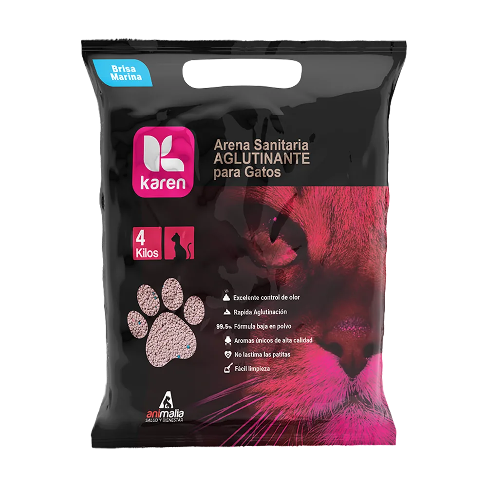 Bolsa negra con detalles rosados y la silueta de un gato en la parte derecha inferior en el mismo color, es la Arena Sanitaria Karen para gatos en aroma Brisa Marina