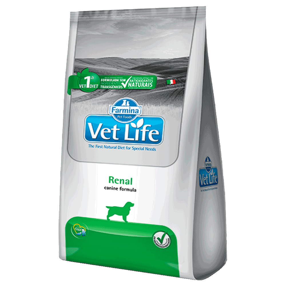 Bolsa blanca con detalles verdes de alimento Farmina Vet Life Perro Renal