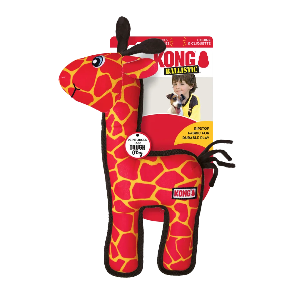 Juguete Kong Ballistic, es un peluche de tela ultra resistente con forma de jirafa en color rojo para perros
