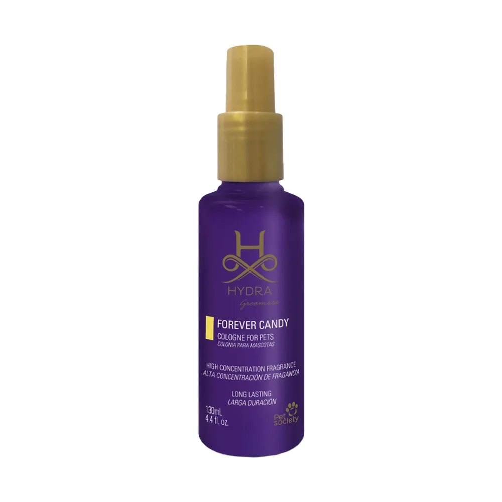 Botella violeta de colonia en spray con detalles dorados de Hydra Groomers Cologne Candy para perros y gatos