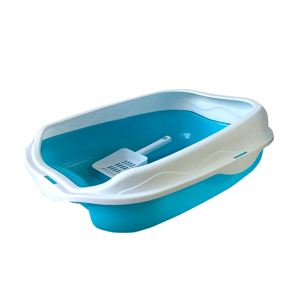 Bandeja Sanitaria para gato talla M, es de color celeste y tiene un borde elevado en todo el perímetro, es de color blanco. Tiene una pala color blanca en el interior de la bandeja.