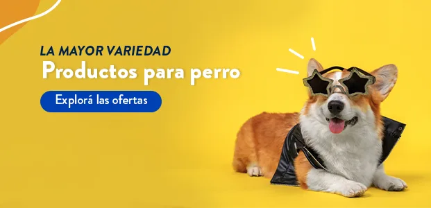 Imagen de un perro sonriente con lentes de sol con forma de estrella sobre un fondo amarillo. El texto dice "La mayor variedad, Productos para perro" y el botón "Explorá las ofertas"