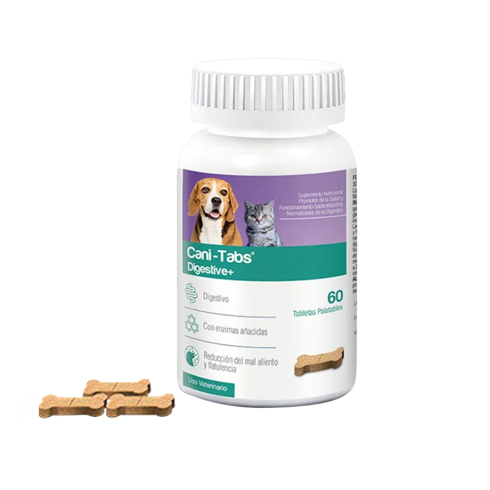Frasco de Cani-Tabs Digestive: suplemento nutricional para perros y gatos con problemas gastrointestinales. Es de color blanco con detalles de color calipso. Tiene la imagen de un gato gris y un perro beagle blanco con marrón mirando de frente