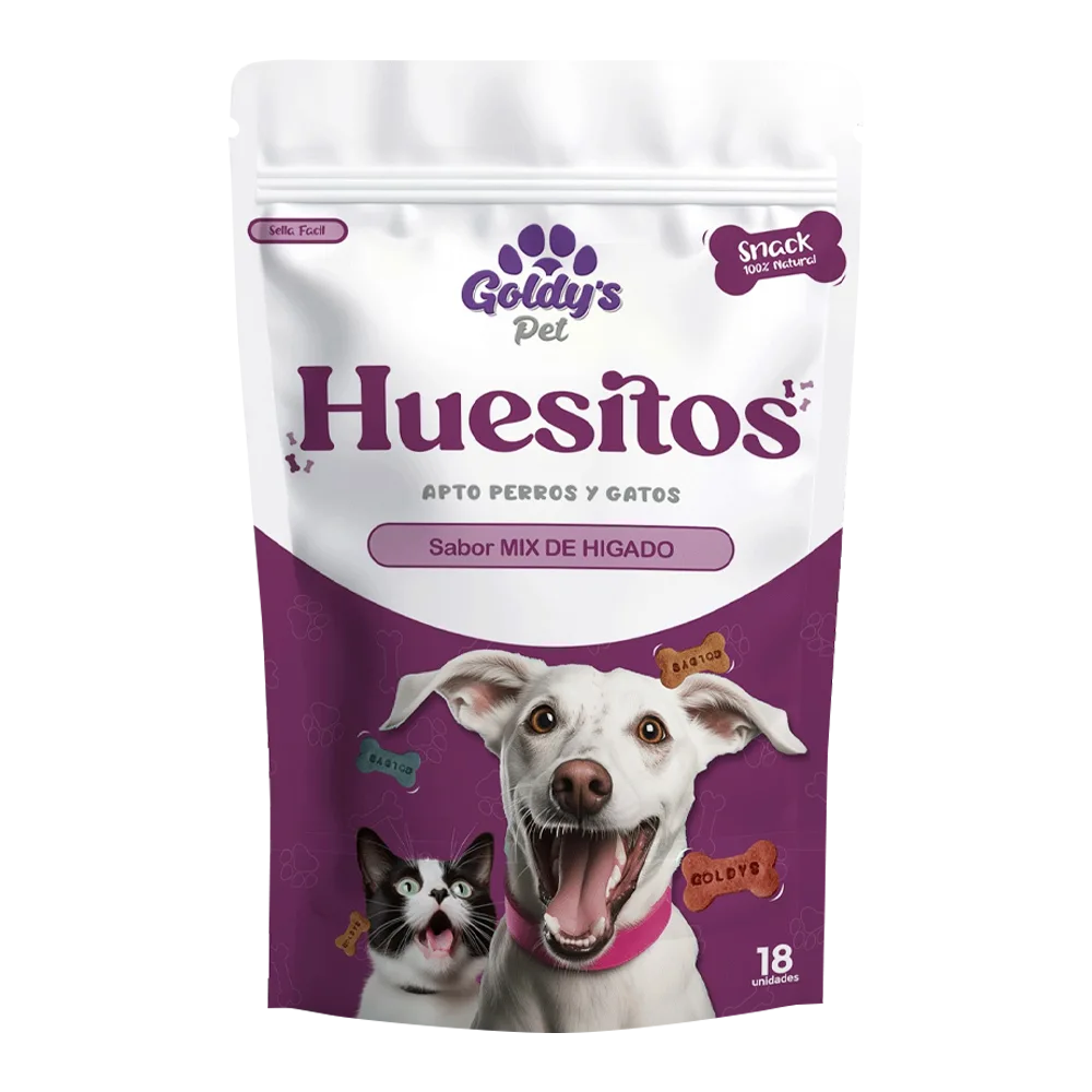 Empaque blanco con detalles guindos del snack Goldy's Pet con forma de Huesitos. Este sabor es el mix de hígado y el empaque trae 18 unidades