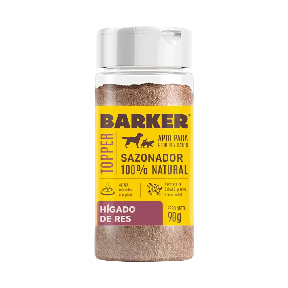 Frasco Sazonador Hígado de Res para las croquetas de perros y gatos, es transparente con una etiqueta naranja.
