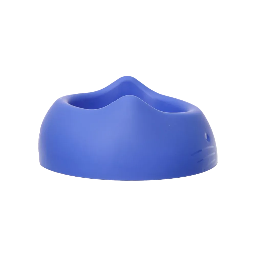 Tazón para gatos de San Remo en color azul. Está de perfil mostrando el detalle de las orejitas de gato