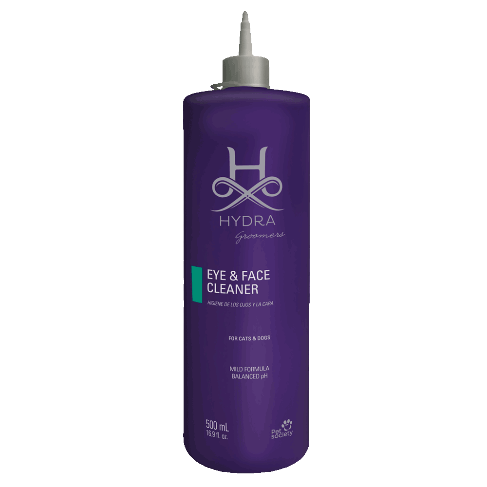 Botella violeta de limpiador de rostro para todo tipo de mascotas de Hydra Groomers Eye & Face Cleaner con detalles plateados