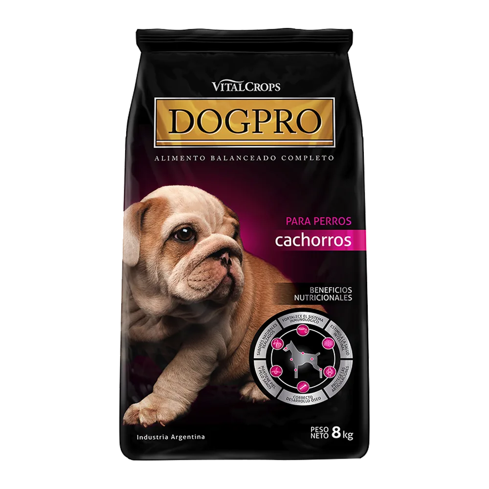 Bolsa negra de 8 kg con detalles magenta y un cachorrito en el frente de DogPro Cachorros alimento para perros hasta los 12 meses de edad y acompañada de un frisbee de regalo