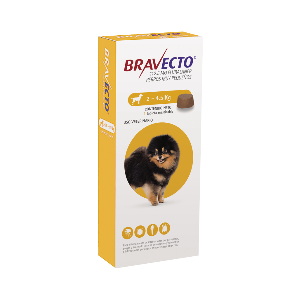 Caja de color blanco de antiparasitario masticable Bravecto para perros de 2 a 4.5 kilos