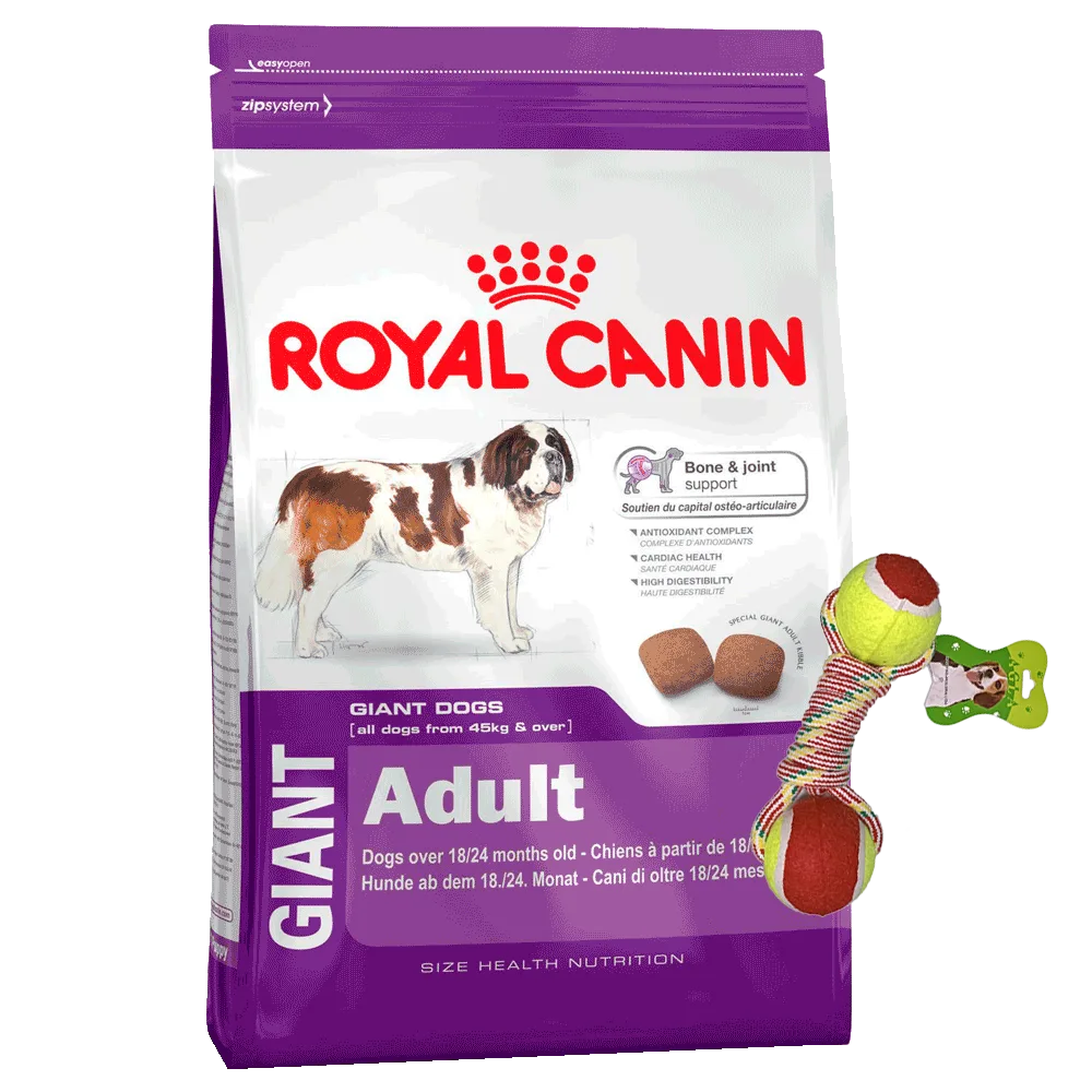 Bolsa blanca y violeta de alimento Royal Canin Giant Adult para perros adultos de razas gigantes