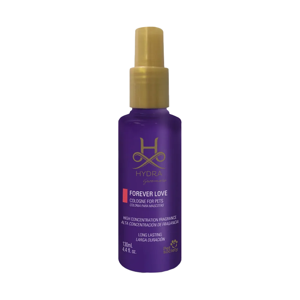 Botella violeta de colonia en spray con detalles dorados de Hydra Groomers Cologne Love para perros y gatos 