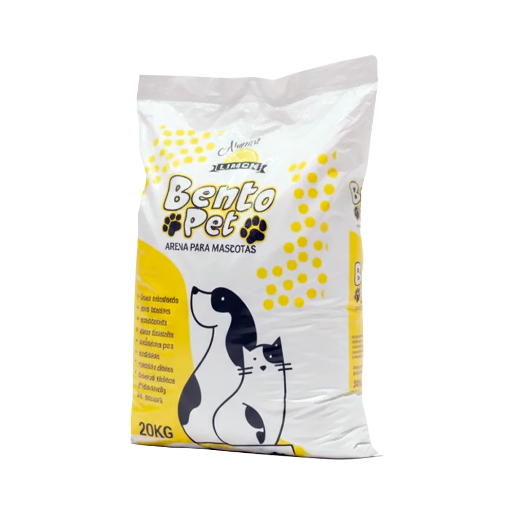 Bolsa blanca con detalles amarillos de Bento Pet Arena Sanitaria Lavanda. Una arena de bentonita aglomerante para gatos, en su presentación de 20 kg