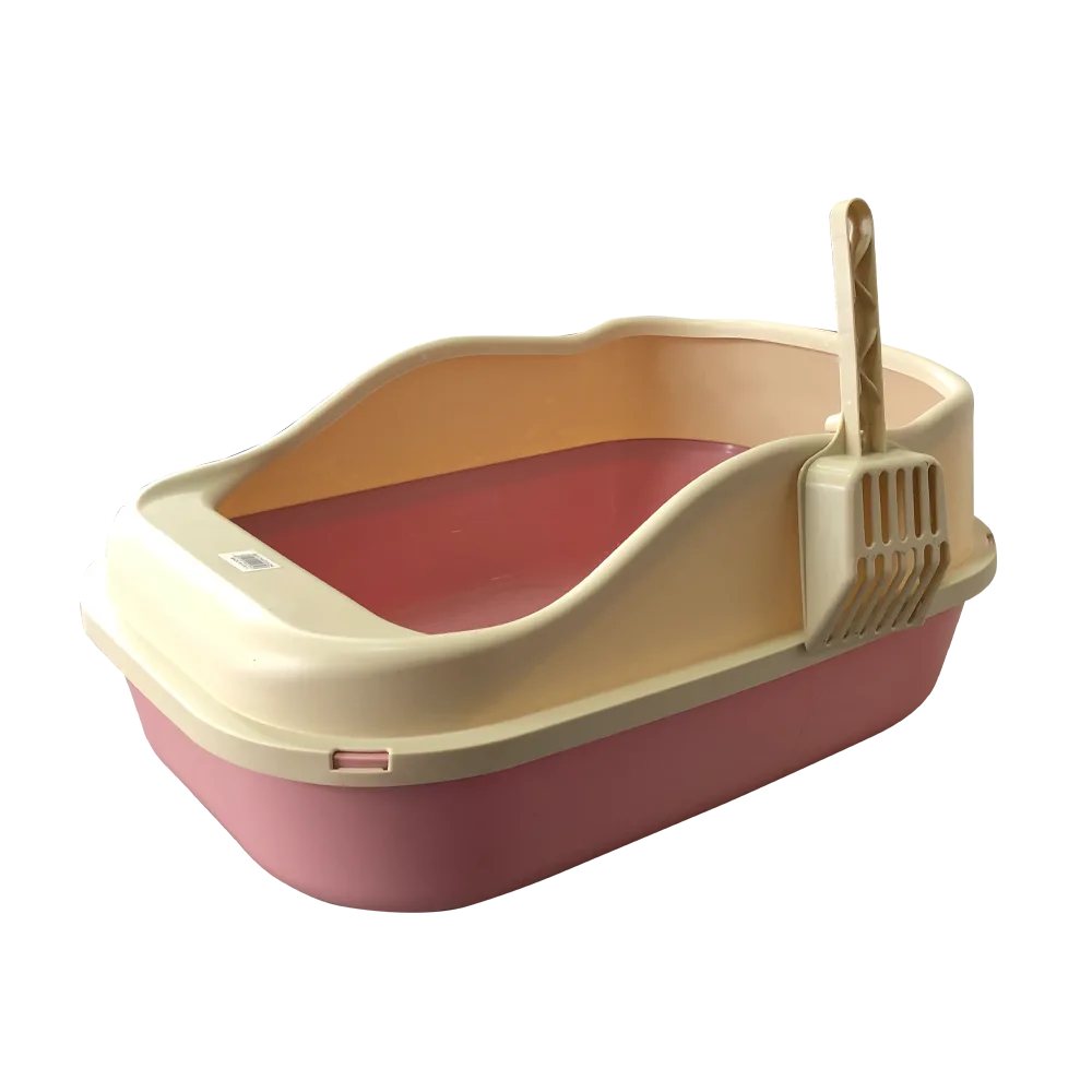 Bandeja Sanitaria para gatos de talla mediana y grande, es de color rosa y tiene un borde elevado en todo el perímetro, es de color gris. Viene con una pala gris que está colocada en uno de los bordes.