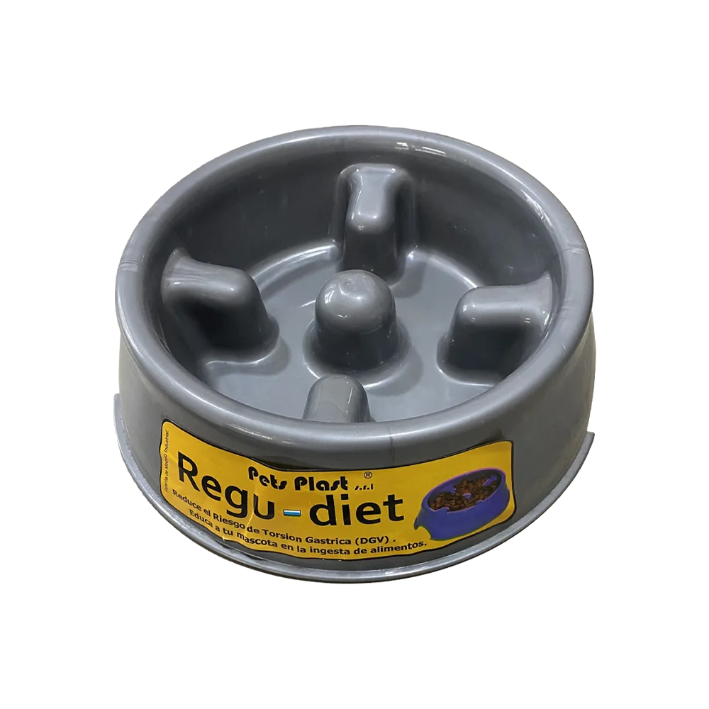 Imagen de Comedero Regu-Diet color plateado para regular la ingesta de alimentos de mascotas