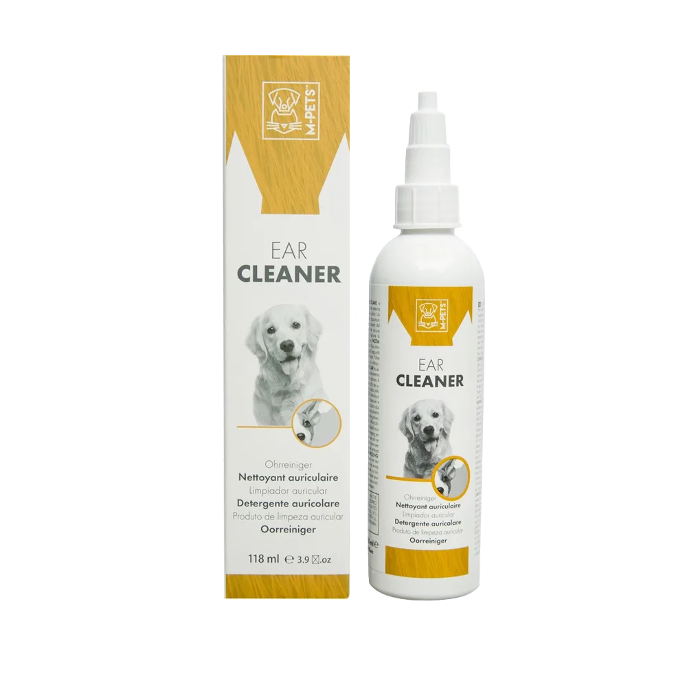 Imagen de empaque color blanco con detalles amarillos y a su lado está el producto con los mismos colores. Es un gotero para limpiar oídos de perros. Limpia Oídos de la marca M-Pets
