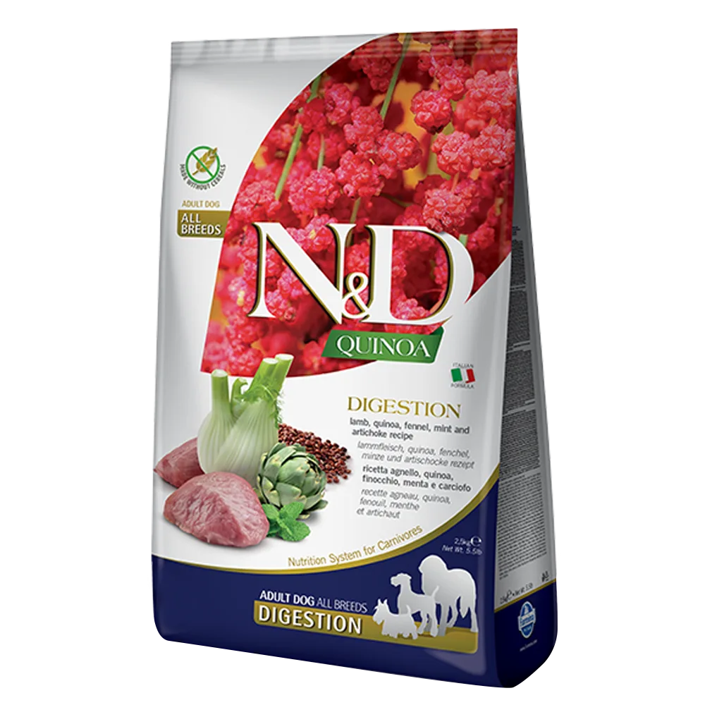 Imagen de bolsa de alimento N&D Digestión Quinoa y Cordero, su color es blanco con detalles azules y una imagen de vegetales y carne de cordero en la portada