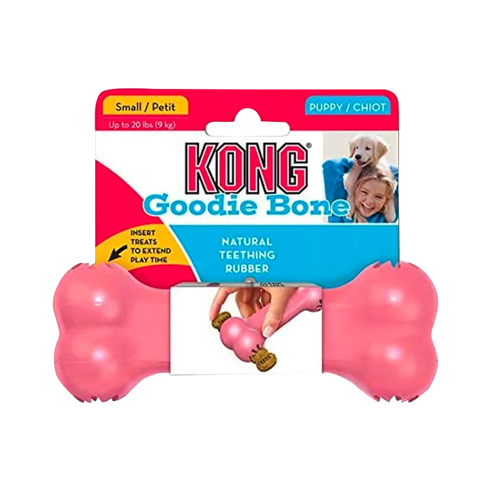 Empaque original color rojo con detalles blancos del juguete Kong Cachorro Goodie Bone en color rosado en talla S. Es un juguete con forma de hueso para apoyar la etapa de dentición de los cachorros.
