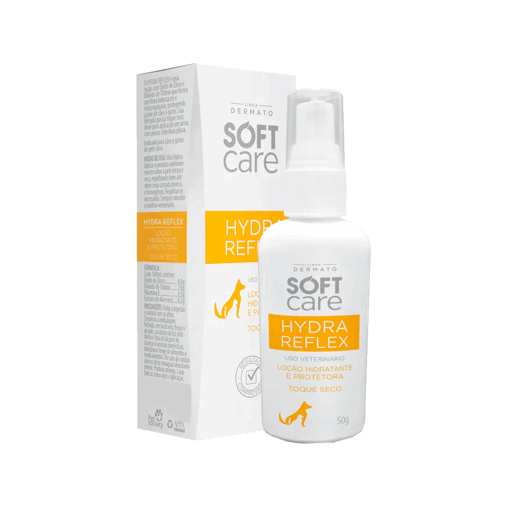 Botella pequeña blanca con detalles amarillos de Soft Care Hydra Reflex loción en spray protectora para perros y gatos