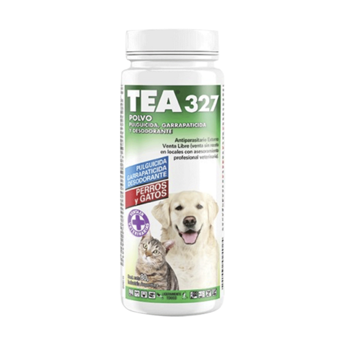 Frasco de Tea 327 en polvo: pulguicida, garrapaticida y desodorante para perros y gatos. Es de color blanco con detalles verdes y tiene la imagen de un gato y un perro en la parte inferior de la etiqueta
