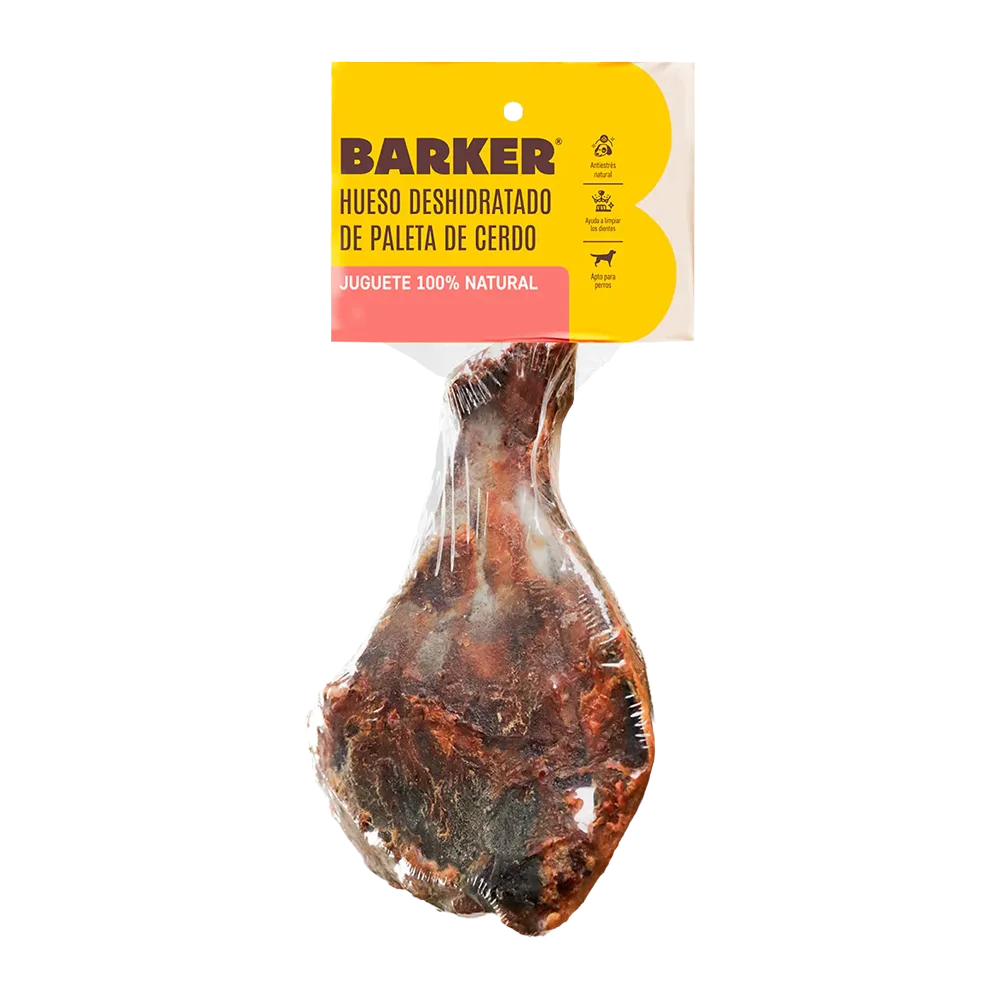 Paleta de Cerdo Deshidratada Barker en su empaque al vacío con etiqueta naranja