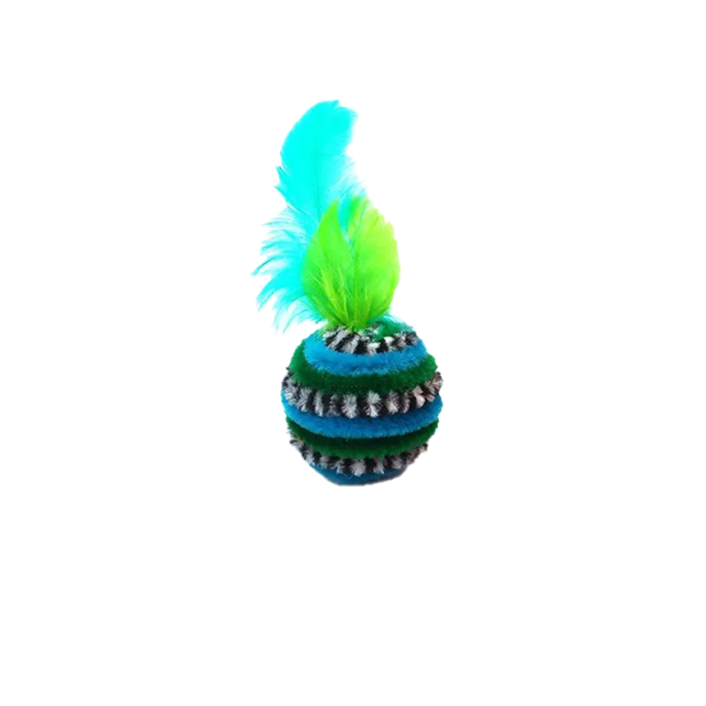 Pelota Multicolor Para Gatos de tonos negros y verdes con plumas en la punta de colores verdes y azules